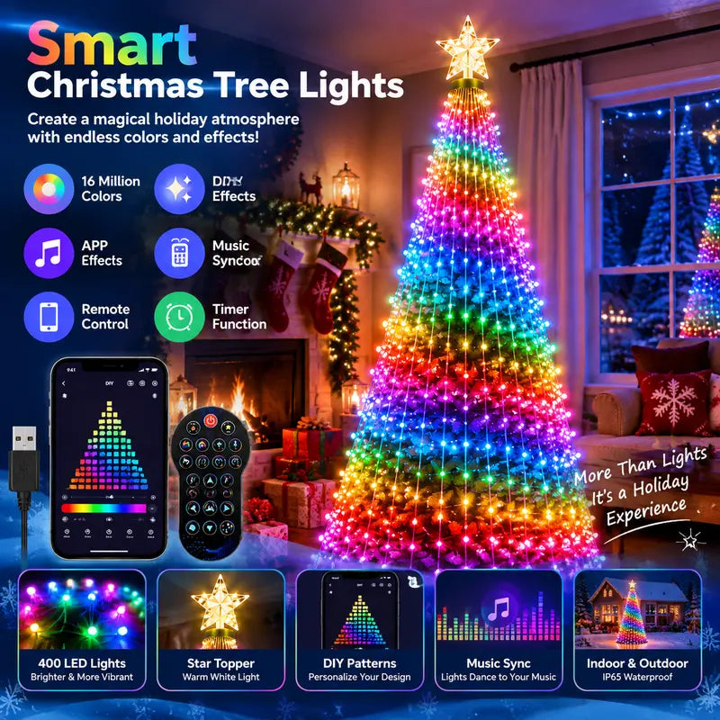 6Ft Smart Christmas Tree Lights, 400 LED RGB Color Changing with App & Remote, Music Sync Star Topper